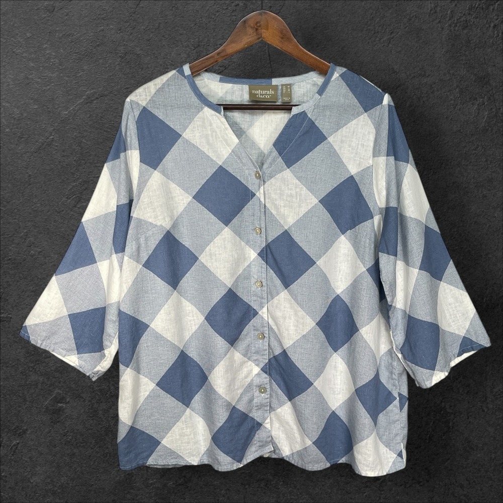 Naturals d&co Blue White Buffalo Check Linen Blend Button Front Top M A501323